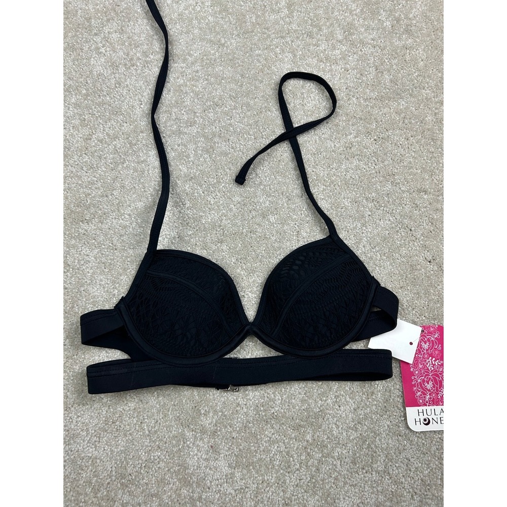Hula Honey Crochet Lace Bikini Top XS Black Push Up Cage Halter Boho Chic Summer